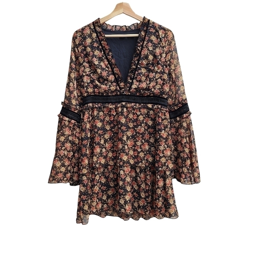 Nasty Gal Tiered Floral Dress with Sheer Detail, Size Small